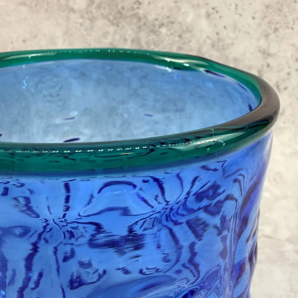 Blenko 9429 Hank Adams Azure Blue Vase Emerald Green Rim Abstract Textured